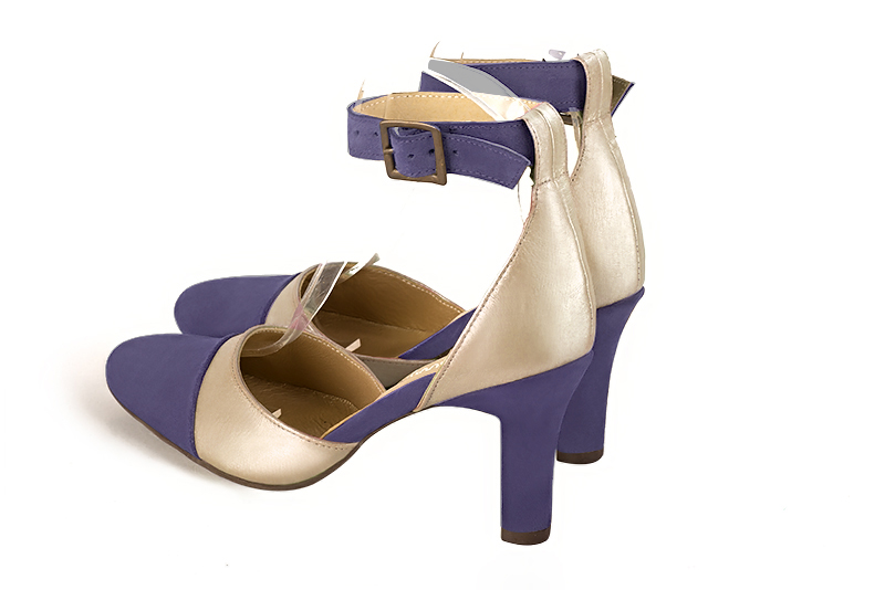 Lavender purple and gold women's open side shoes, with a strap around the ankle. Round toe. High kitten heels. Rear view - Florence KOOIJMAN